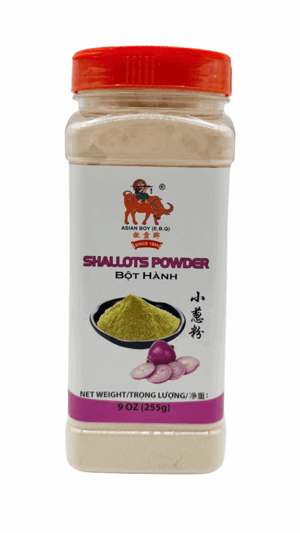 Shallots powder container with red lid.