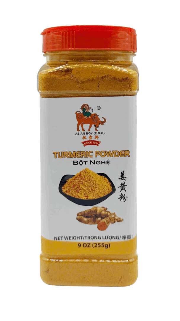 Turmeric powder jar with red lid.