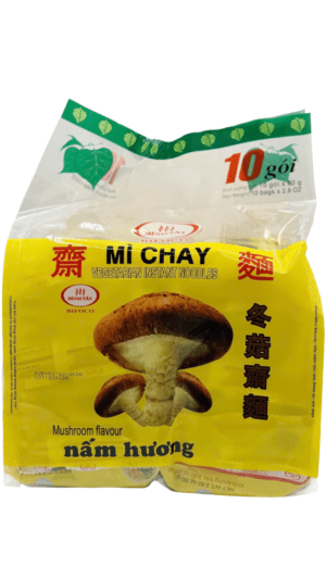 Vegetarian instant noodles, mushroom flavor packaging.