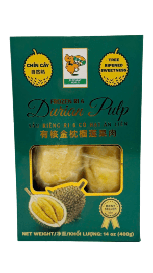Green box of frozen durian pulp packaging.