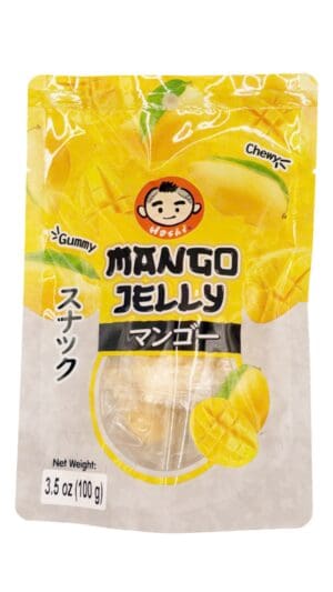 Chewy mango jelly snack packaging design.