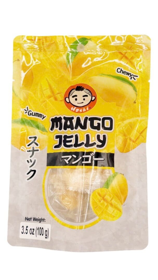Chewy mango jelly snack packaging design.