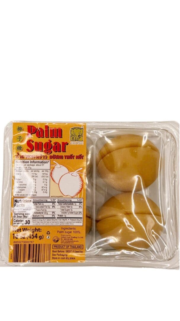 Palm sugar packaged in a clear plastic tray.