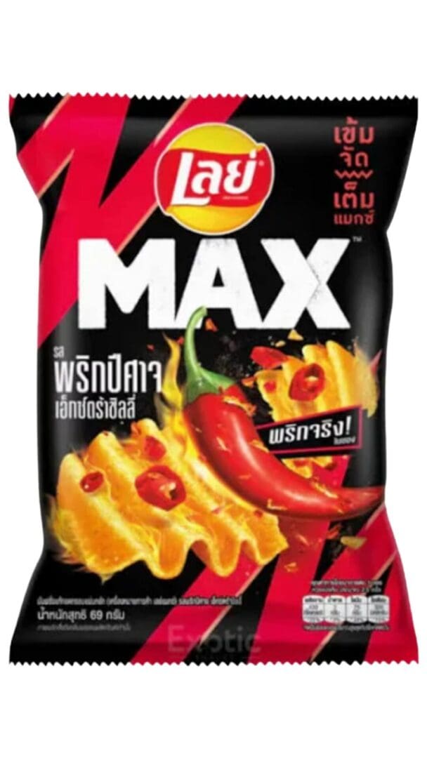 Spicy snack packaging with vibrant design.