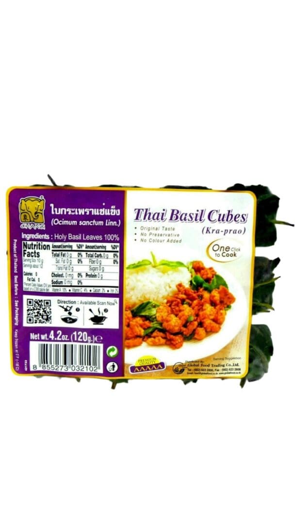 Thai basil cubes packaging with cooking instructions.