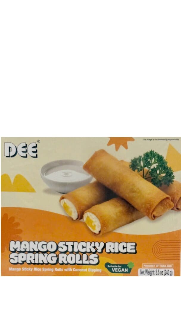Mango sticky rice spring rolls with coconut sauce.