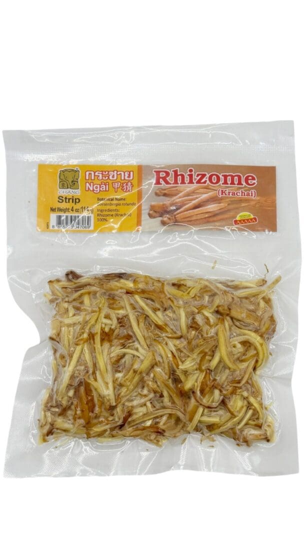 Dried rhizome strips in clear packaging.